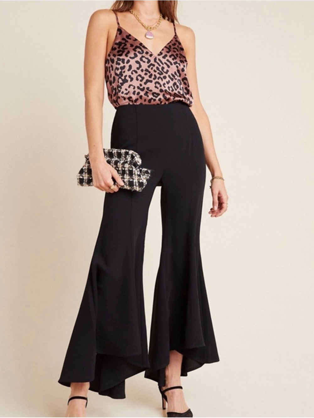 Anthropologie Black High-Waist Wide-Leg Flounce Pants